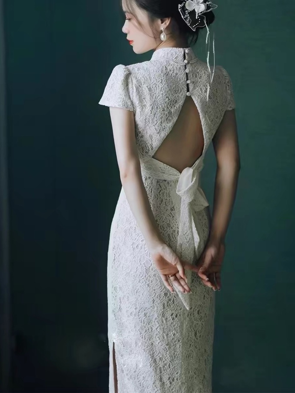 Backless White Lace Cheongsam-Inspired Midi Dress